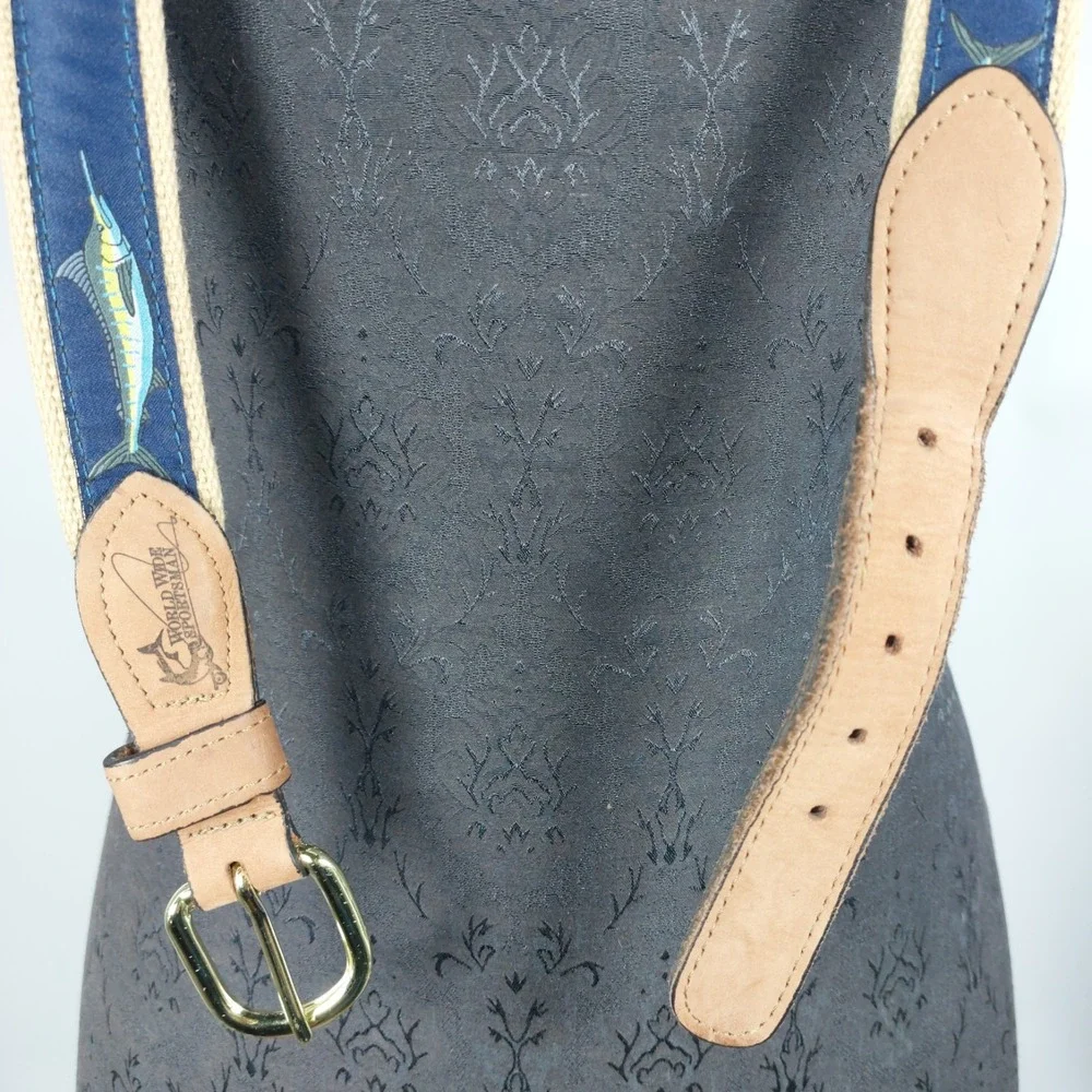 World Wide Sportsman Marlin Ribbon Belt Size 44 Blue On Brown Leather USA